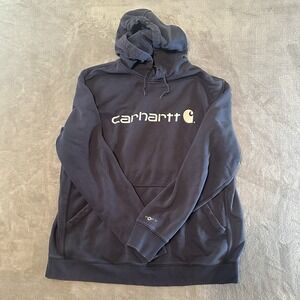 Carhartt Men's Hoodie Sweatshirt XL  Blue Pullover Kangaroo Pocket White Logo